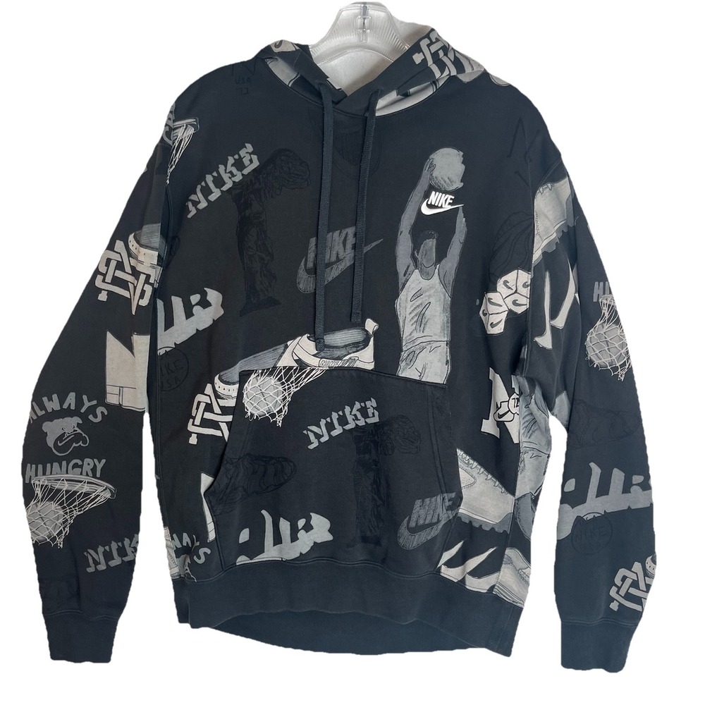 Nike Sportswear Club Fleece "Bold School"  Mens M Black Hoodie Basketball